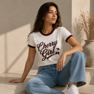 Cherry Girl Ringer T-Shirt for Women – Off White & Burgundy | Premium Cotton Stretch Tee (Copy)