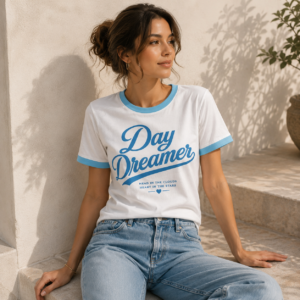 Day Dreamer Ringer T-Shirt for Women – White & Sky Blue | Premium Cotton Stretch Graphic Tee